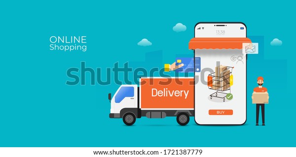 Online shopping and delivery service with\
mobile application technology. Digital marketing and e-commerce.\
vector illustration