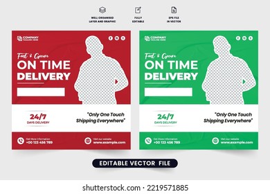Online shopping delivery service promotional web banner template vector with maroon and green colors. Supermarket delivery business poster design for marketing. Grocery and food delivery service.