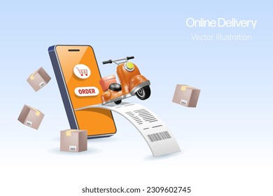 online shopping and delivery service. Scooter from smartphone app deliver shipment to customer with receipt bill. 3D vector.