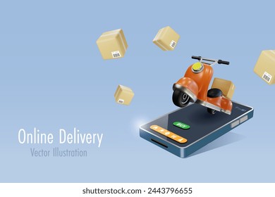 Servicio de compras y entrega en línea. Scooter entrega caja de cartón en la aplicación móvil. Tecnología inalámbrica Express Home Delivery. Vector 3D creado a partir de software gráfico.
