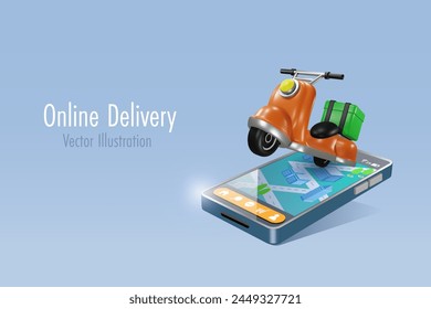 Servicio de compras y entrega en línea. Scooter con entrega de cajas de alimentos montado en el mapa en el teléfono inteligente. Caricatura 3D. Vector.