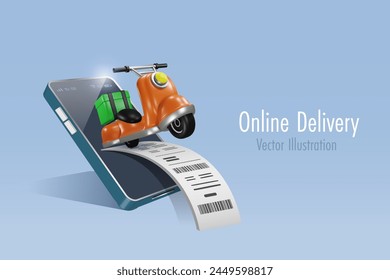 Servicio de compras y entrega en línea. Scooter con entrega de cajas de alimentos montado en el Comprobante de facturas en el teléfono inteligente. Vector 3D creado a partir de software gráfico.