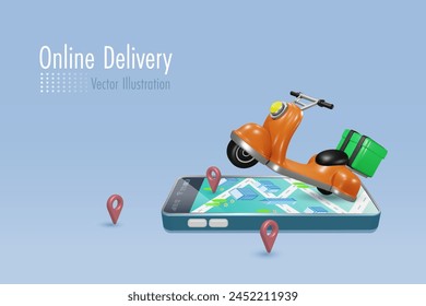 Servicio de compras y entrega en línea. Scooter con caja de alimentos de entrega montando en el mapa en el teléfono inteligente. Vector 3D creado a partir de software gráfico.