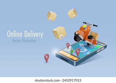 Online shopping and delivery service. Scooter riding on mobile map with delivery carton boxes. E commerce and distribution. 3D vector created from graphic software.	
