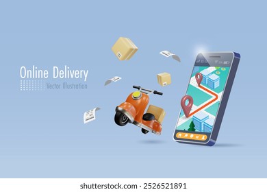 Compras on-line e serviço de entrega. Caixa de envio de entrega de scooter com direção de rota de mapa no smartphone. Personagem de desenho 3D. Vetor.