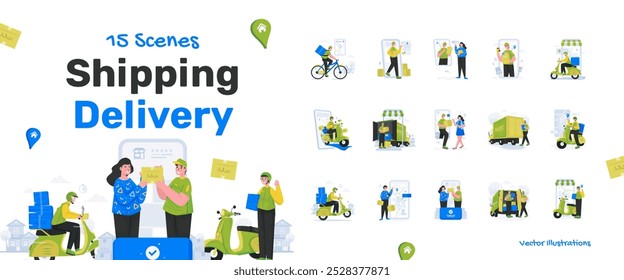 Online shopping with delivery service, Shipping package services, Vector illustration set