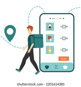 Online-Shopping und Lieferservice, Vektorgrafik. Marktplatz mit Lieferservice Konzept. Bleib zu Hause. Online-Shop, Zahlung mit Kreditkarte, Scheck.