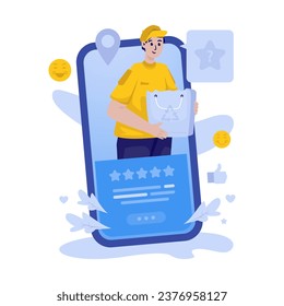 Online shopping delivery services, Customer feedback request review vector illustration