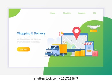Online shopping with delivery services Flat vector illustration. Deliver package by Van or Drone.