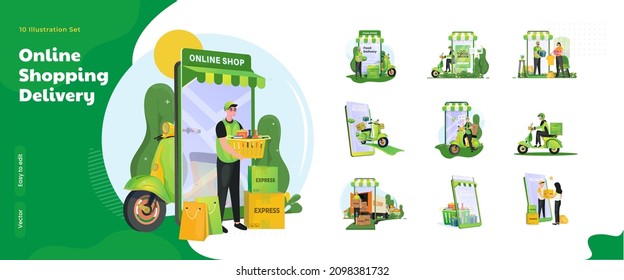 Online shopping delivery services illustration collection set