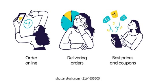 Online shopping and delivery - set of business concept illustrations. Order online, Delivering orders, Best prices and coupons. Visual stories collection.