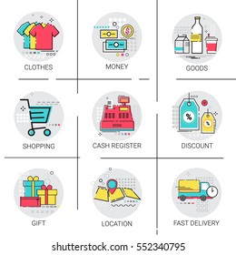 Online Shopping Delivery Set Discount Sale Money Payment Collection Icon Vector Illustration