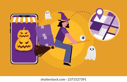 Online Shopping and Delivery in the Spirit of Halloween, vector illustrator