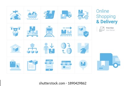 Vektorsymbol-Kollektion von Online-Shopping und -Lieferung mit blauem Ton
