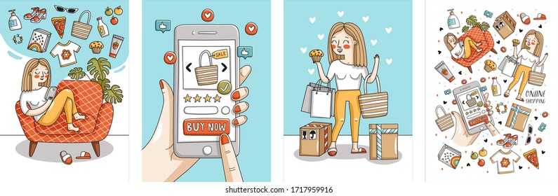 Online shopping and delivery. Vector illustration of a woman shopping for clothes and products and ordering remotely via the Internet on a smartphone.
 
