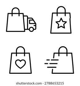 Online shopping and delivery vector line icons set: shopping bag with truck star heart speed lines, fast shipping