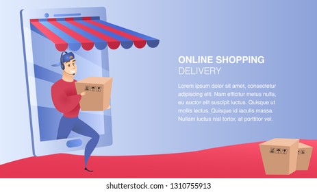 Online Shopping Delivery Website Element Template. Client-Oriented Service Landing Page. Man Delivering Ordered Items Flat Illustration. Business Advantages Concept. Online Store Web Banner