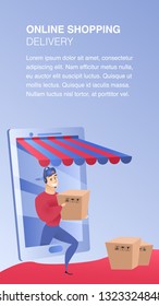 Online Shopping Delivery Website Element Template. Business Advantages Concept. E-Commerce Best Service Landing Page. Man Delivering Ordered Items Flat Illustration. Online Store Web Banner