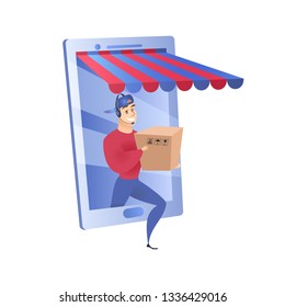 Online Shopping Delivery Website Element Template. Man Delivering Box Concept. E-Commerce Best Service. Ordered Items Flat Illustration. Business Advantages. Online Store Web Banner
