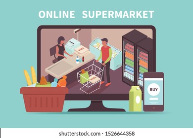 Online shopping design concept with buyer paying for purchases in supermarket on pc screen isometric vector illustration