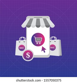 Online shopping design concept with colorful style.