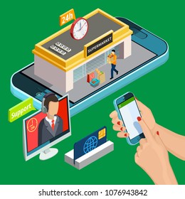 Online shopping design concept with credit card and smartphone used for buying on internet isometric icons vector illustration 