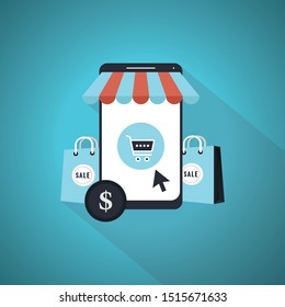 Online shopping design concept with flat style. Blue Theme Concept