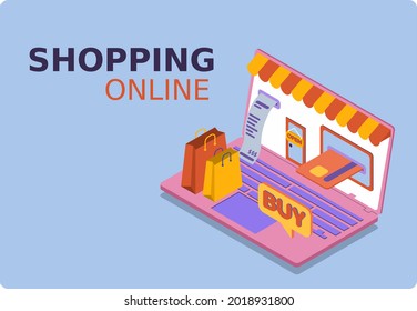 Online shopping design concept with laptop. Mockup laptop and card paying. Popular flat colors. Isomeric 3D vector illustration.