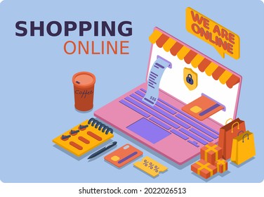 Online shopping design concept with laptop and checklist. Mockup laptop and coffee. Safe payment by card and receipt of a check. Popular flat colors. Isometric 3D vector illustration.