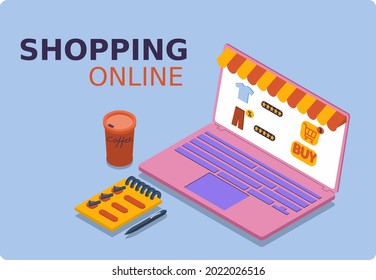 Online shopping design concept with laptop and checklist. Mockup laptop and coffee. Adding a product to the cart and purchasing. Popular flat colors. Isometric 3D vector illustration.