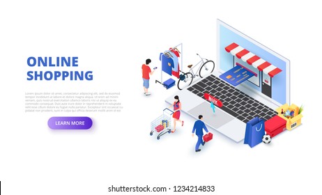 Online shopping design concept with people and laptop. Isometric vector illustration. Landing page template for web. svg