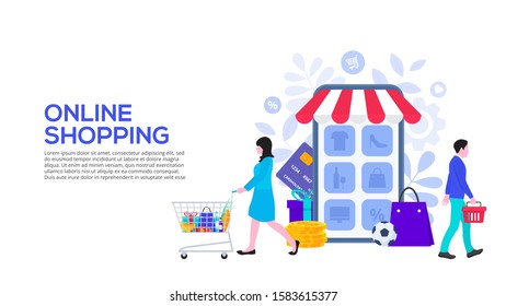 Online shopping design concept with people and smartphone. Flat vector illustration. Landing page template for web.