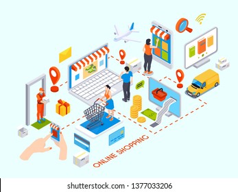 Online shopping design concept with purchase items credit cards delivery courier isometric icons vector illustration