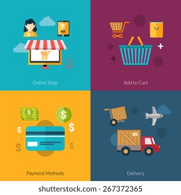 Online shopping design concept set with payment and delivery flat icons isolated vector illustration