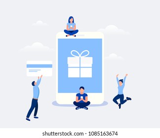 Online shopping design concept. Small people character shop with a smartphone. Trendy flat style. Vector illustration.
