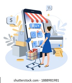 Online shopping design concept with woman and mobile phone.Flat vector Illustration of a Online Business and E-Commerce Sales.Purchasing of goods and gifts.Can use for web banner and infographics