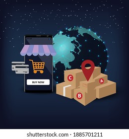 Online shopping design concept.Shopping Online on Website or Mobile Application with isometric smartphone design with Package shipping global.Online order ,3d illustration, vector Eps 10. 