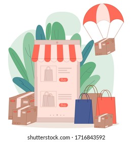 Online shopping design delivery parachute packages vector illustration cartoon flat style 