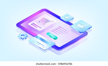 Compras en línea. Diseñar elementos gráficos, signos, símbolos. Marketing móvil y marketing digital. Ilustraciones isométricas de gradiente 3D. Adecuado para ui, ux, web, móvil, banner e infografía.