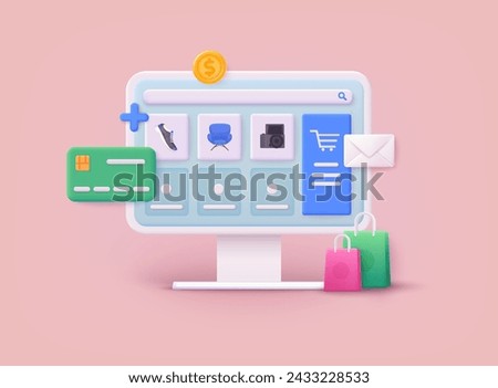 Online shopping. Design graphic elements, signs, symbols. Mobile marketing and digital marketing. 3D Vector Illustrations.