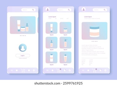 Online Shopping Design Interface Template for Mobile App. Vector illustration of Platform Screens with Makeup Product