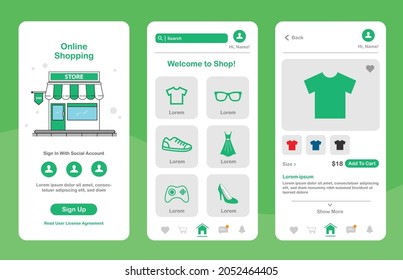 Online shopping design for mobile app. Shopping platform screens with product. Graphical user interface for responsive mobile application