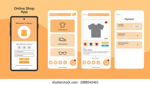 Online shopping design for mobile app. Shopping platform screens with product. Graphical user interface for responsive mobile application