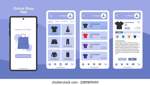 Diseño de compras en línea para aplicaciones móviles. Pantallas de plataforma de compras con productos. Interfaz gráfica de usuario para aplicaciones móviles receptivas