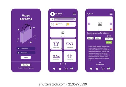 Online shopping design for mobile app. Shopping platform screens with product. Graphical user interface for responsive mobile application