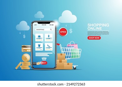 Online shopping design mobile app concept illustration