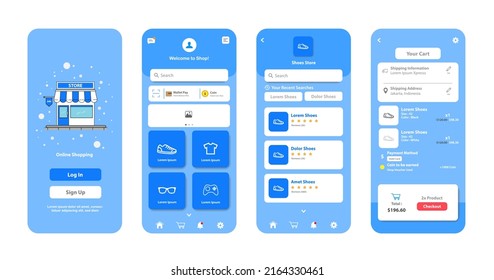 Online shopping design for mobile app. Shopping platform screens with product. Graphical user interface for responsive mobile application - Shutterstock ID 2164330461