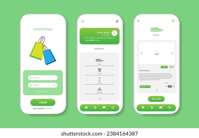 Online shopping design for mobile app. Shopping platform screens with product. Graphical user interface for responsive mobile application