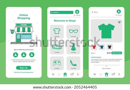 Online shopping design for mobile app. Shopping platform screens with product. Graphical user interface for responsive mobile application