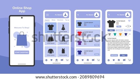 Online shopping design for mobile app. Shopping platform screens with product. Graphical user interface for responsive mobile application